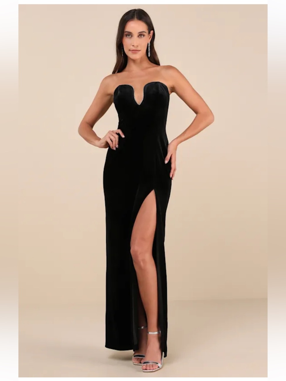 Lulus Elegant Success Black Velvet Rhinestone Strapless Maxi Dress, Size L